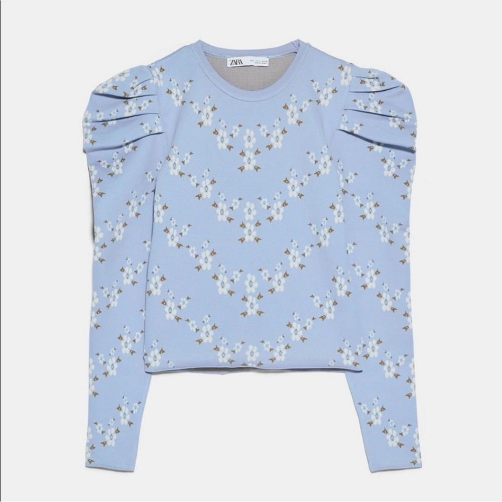 Zara Floral Patterned Knit Puff Sleeve Sweater Blogger Favorite Medium